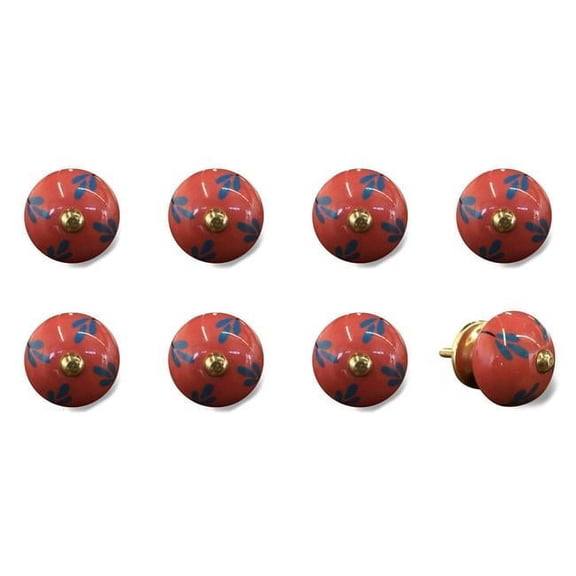 Vintage Hand Painted Ceramic Round Knob Set - Red & Blue - Pack of 8