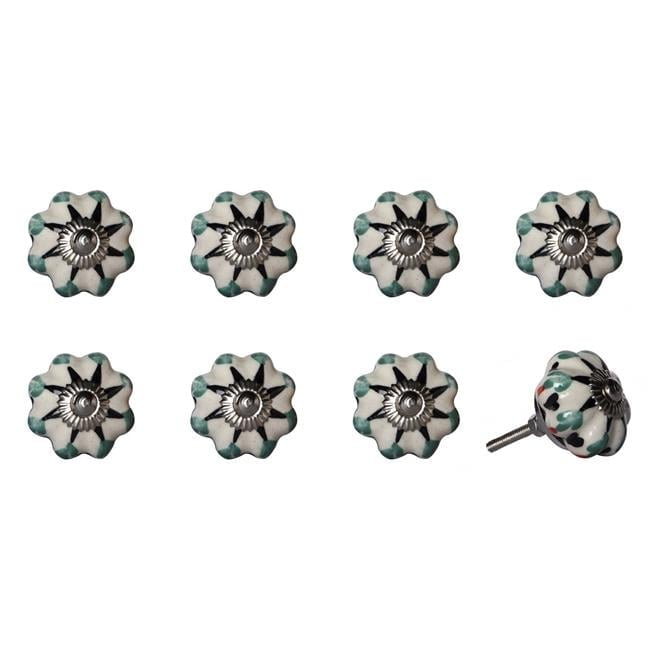 Vintage Hand Painted Ceramic Round Knob Set - White & Green - Pack of 8