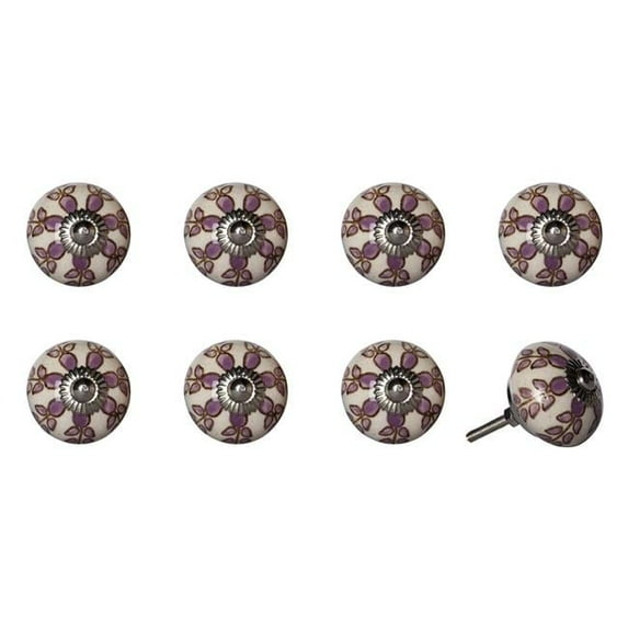 Vintage Hand Painted Ceramic Round Knob Set - White & Pink - Pack of 8