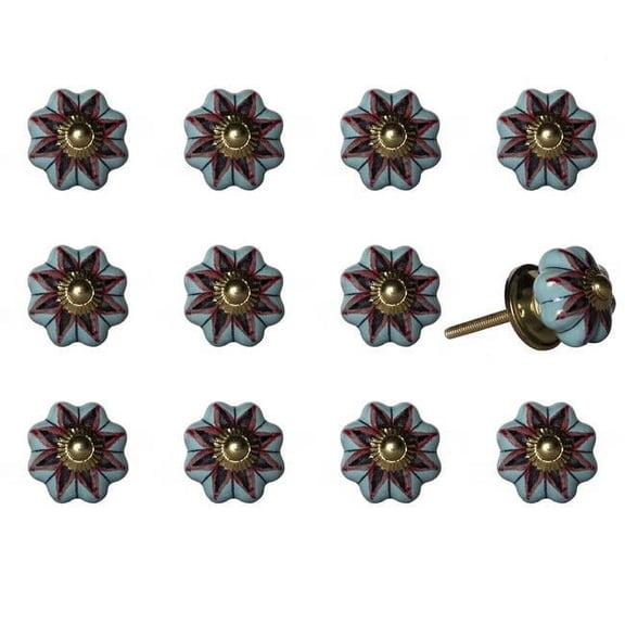 Vintage Hand Painted Round Knob Set - Blue, Orange & Navy - Pack of 12