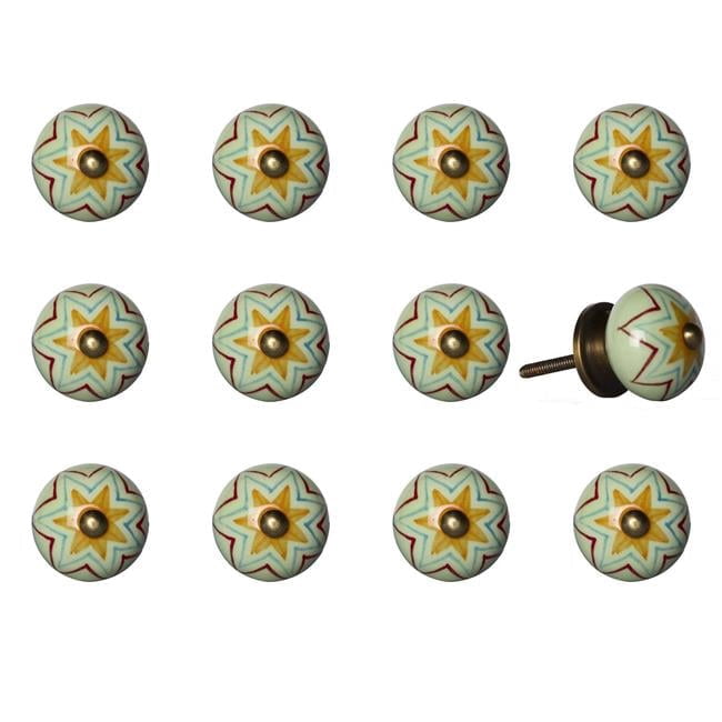 Vintage Hand Painted Round Knob Set - Light Green, Orange & Blue - Pack of 12