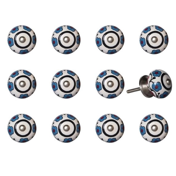Vintage Hand Painted Round Knob Set - White, Blue & Black - Pack of 12