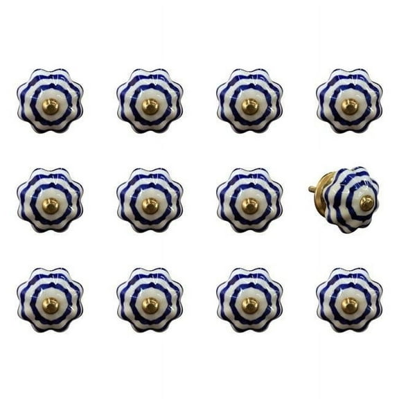 Vintage Hand Painted Round Novelty Knob Set - White & Blue - Pack of 12