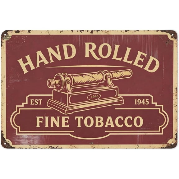 Vintage Hand Rolled Fine Tobacco Metal Tin Sign, Retro Cigar Shop Wall Decor Plaque, Rustic Smoke Lounge Bar Man Cave Wall Art, 8 x 12 Inch