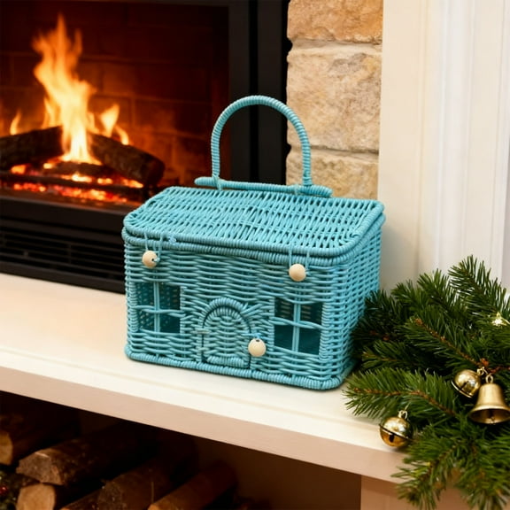 Vintage Hand Woven Willow House Basket Rustic Christmas Gift Box Treat Display Organizer Container