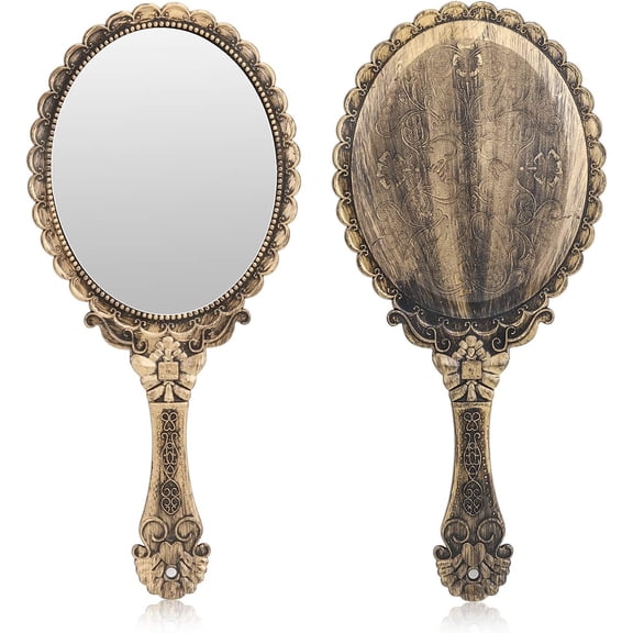 Vintage Handheld Mirror, Small Hand Held Decorative Mirrors For Face Makeup Embossed Flower Portable Antique Travel Personal Cosmetic Mirror - Brass Gold