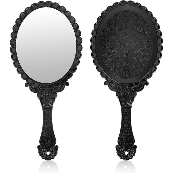 Vintage Handheld Mirror, Small Hand Held Decorative Mirrors For Face Makeup Embossed Flower Portable Antique Travel Personal Cosmetic Mirror - Black
