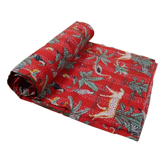 Vintage Handmade Animal Print Quilt Queen Kantha Quilt Red Quilt Kantha Bedspread Cotton Blanket Indian Bed Cover Bohemian Quilt Kantha Quilt Queen Quilts