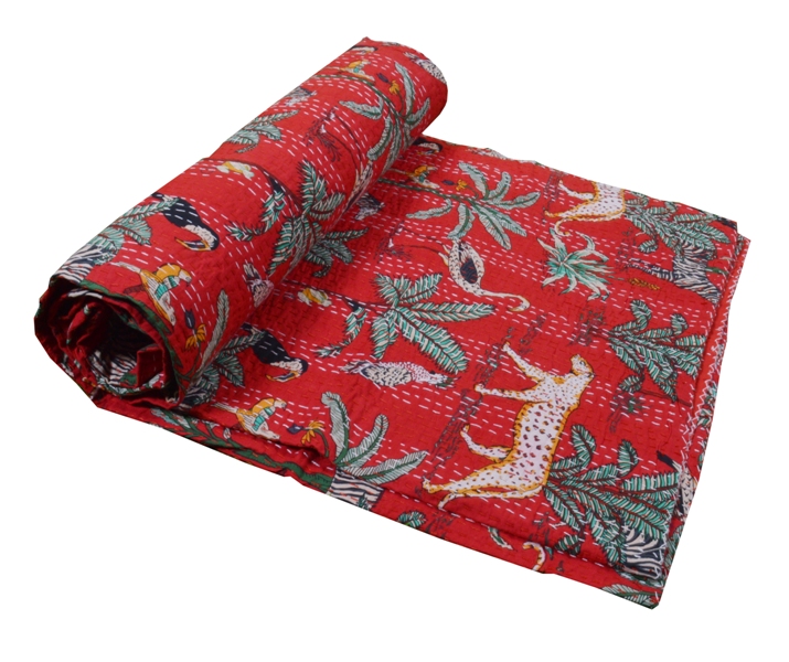 Vintage Handmade Animal Print Quilt Queen Kantha Quilt Red Quilt Kantha