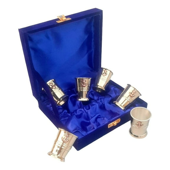 Vintage Handmade King's Royal Embossed Cup 6 inch in Blue Velvet Box | Tequila Shot Glasses, Anniversary Gift Set of 6