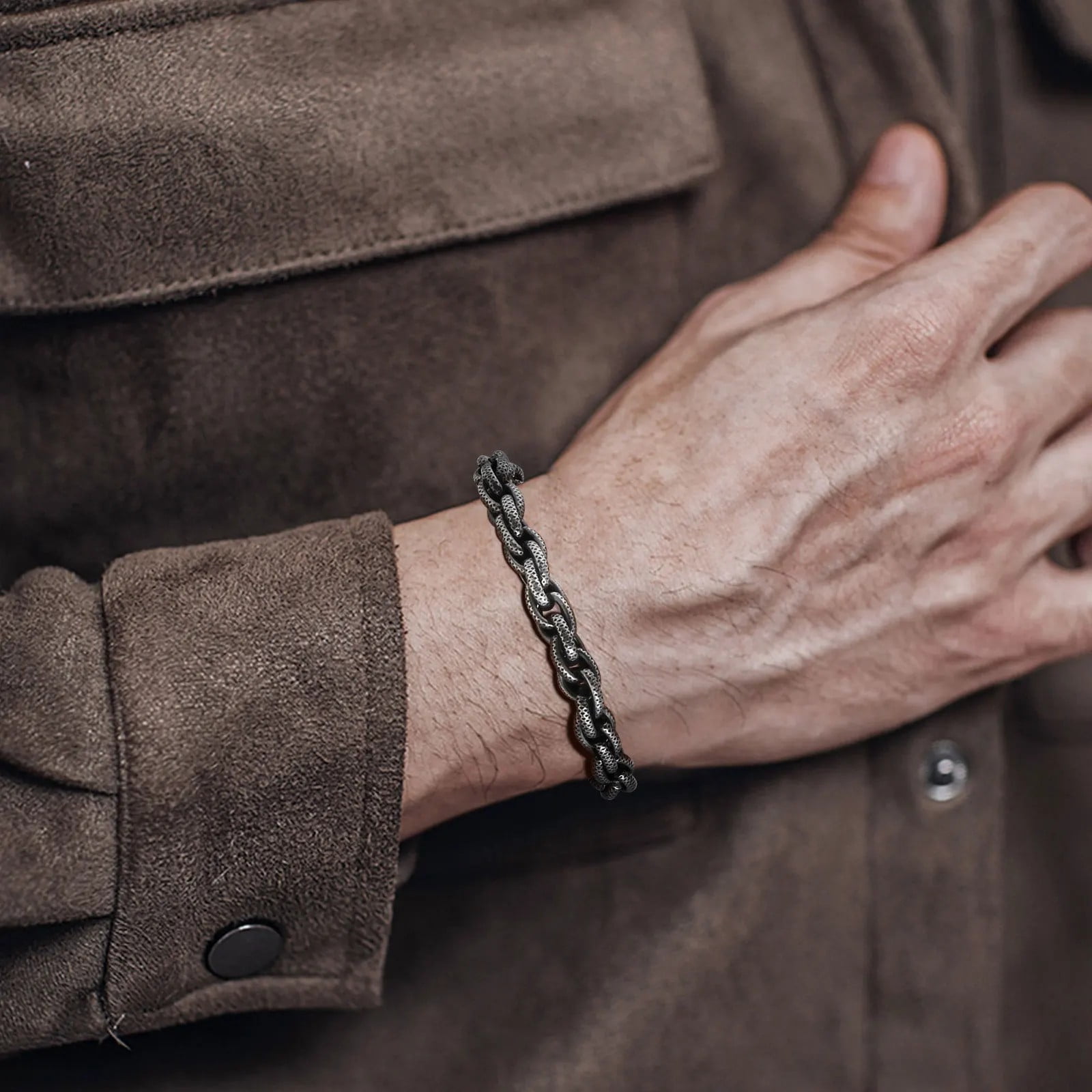 Vintage Handmade Chain Bracelets for Men Boys,8mm Width 14K White Gold Link Wristband,Punk Rock Jewelry Gift for Him