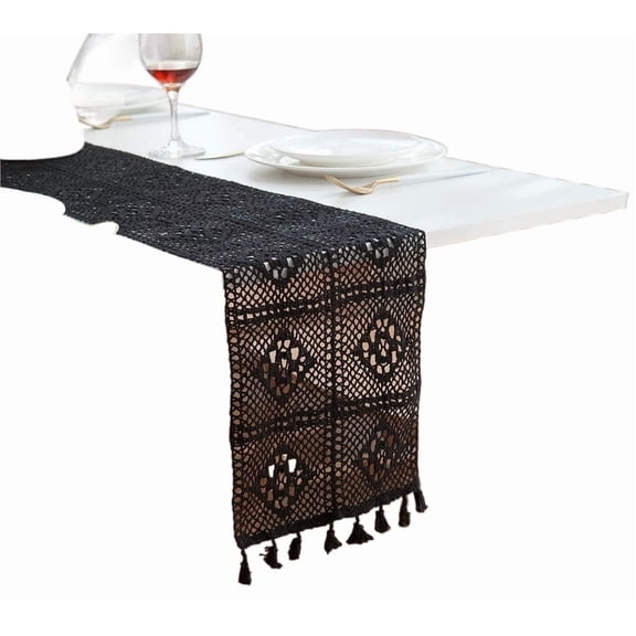 Vintage Handmade Crochet Lace Table Runner with Tassels Rectangle Coffee Table Dresser Decor (Black, 9 x 55 Inch)