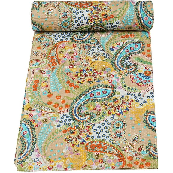Vintage Handmade Kantha Quilt Indian Traditional Bed Cover Throw Paisley Printed Kantha Quilts (Beige Color, Twin 60x90 Inch)