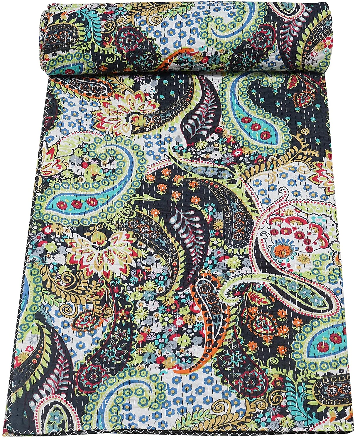 Vintage Handmade Kantha Quilt Indian Traditional Bed Cover Throw Paisley Printed Kantha Quilts (Black Color, King (90x108 Inch)