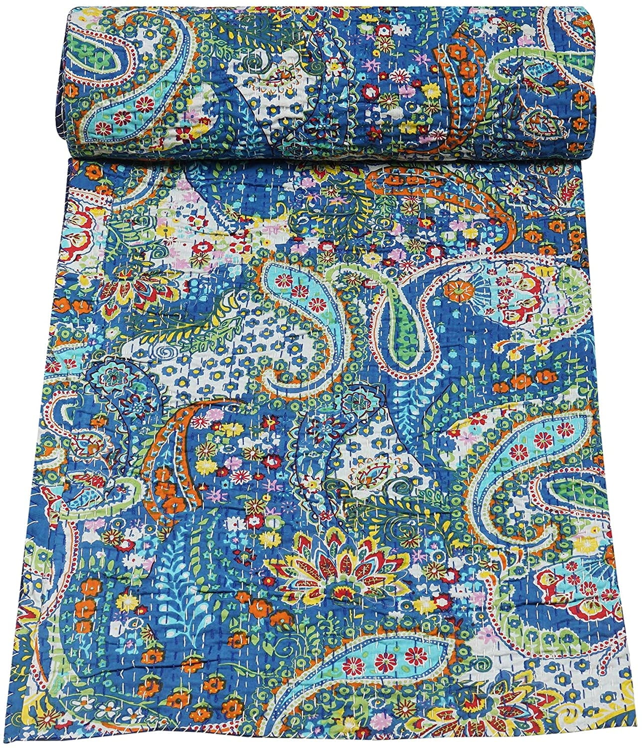 Vintage Handmade Kantha Quilt Indian Traditional Bed Cover Throw Paisley Printed Kantha Quilts (Blue Color, Twin 60x90 Inch)