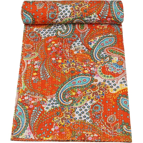 Vintage Handmade Kantha Quilt Indian Traditional Bed Cover Throw Paisley Printed Kantha Quilts (Orange Color, Twin 60x90 Inch)