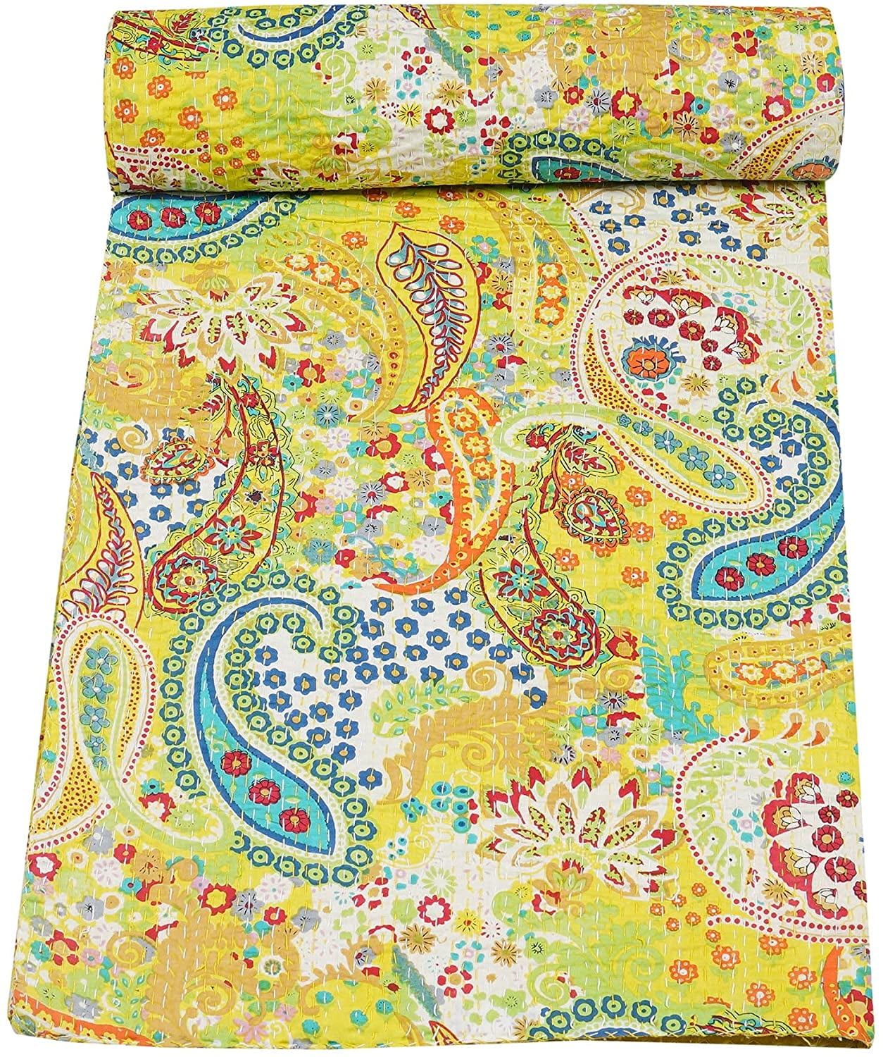 Vintage Handmade Kantha Quilt Indian Traditional Bed Cover Throw Paisley Printed Kantha Quilts (Yellow Color, Twin 60x90 Inch)