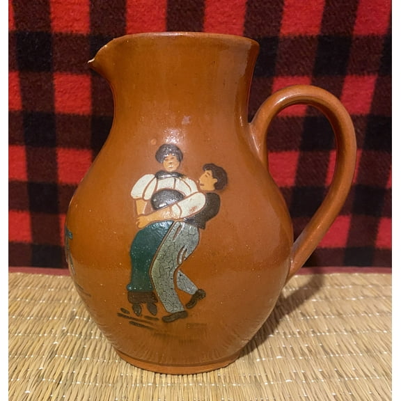 Vintage Handmade Red Clay Pitcher with Mediterranean Dancers, Accordian Player