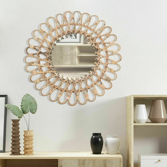 Vintage Handwoven Round Natural Rattan Wall Hanging Mirror For Home Decor For A Farmhouse, Entryway, Living Room, Bathroom