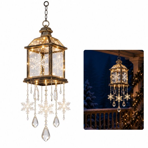 Vintage Hanging Lantern Decoration with Snowflake and Crystal Pendant, Warm White Led Lights, Antique Bronze Metal Frame, 1 Piece, for Indoor and Outdoor Porch, Christmas