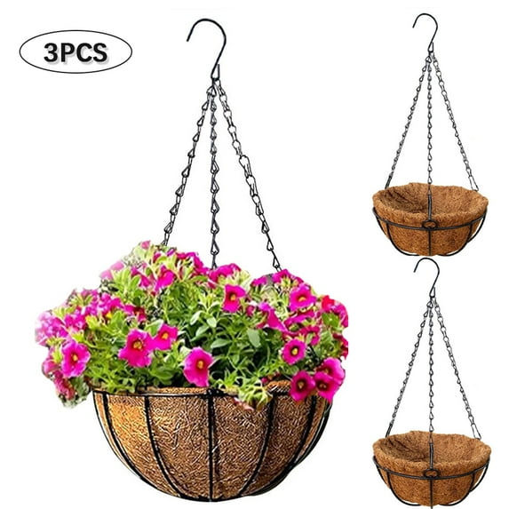 Vintage Hanging Planter Basket Set of 3 (10 Inch), Rust-Proof Metal Hanging Basket + Coconut Palm Liner, Multipurpose Outdoor Flower Basket for Patio, Porch, Garden and Balcony