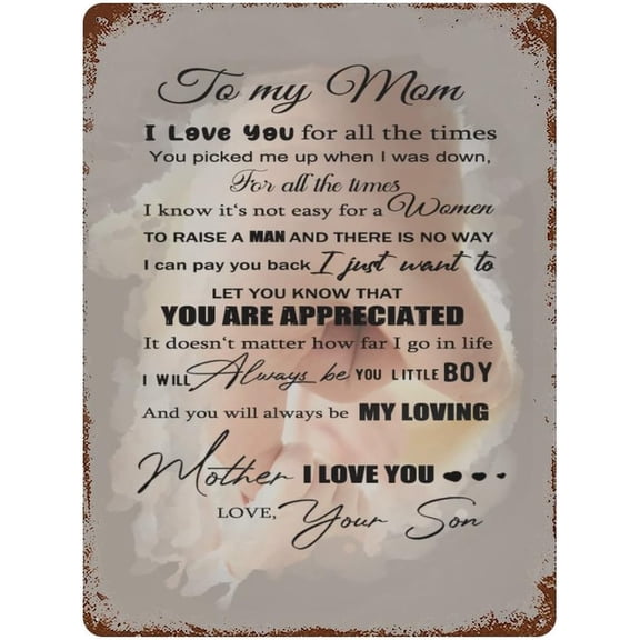 Vintage Hanging Plate to My Mom from Son Metal Tin Sign,Birthday Gifts for Mum,Mom Gifts for Mother Stepmom, from Son,Inspirational Quote Sign for Home Bedroom Wall Art 12"x16"