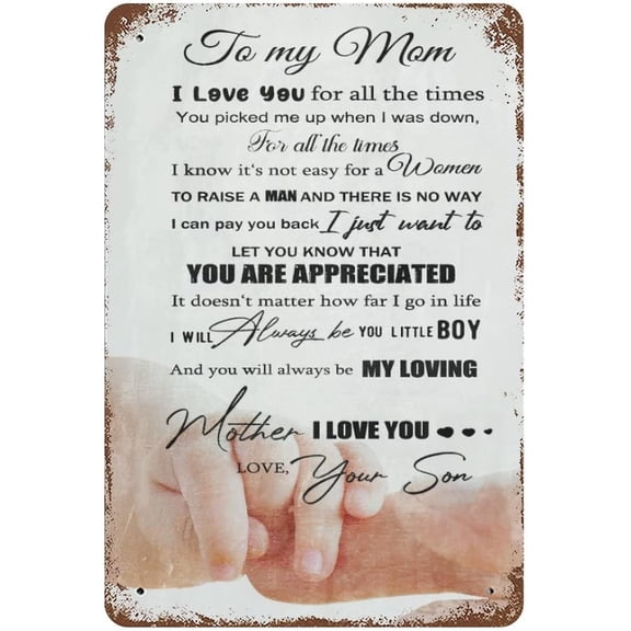 Vintage Hanging Plate to My Mom from Son Metal Tin Sign,Birthday Gifts for Mum,Mom Gifts for Mother Stepmom, from Son,Inspirational Quote Sign for Home Bedroom Decor 12"x8"