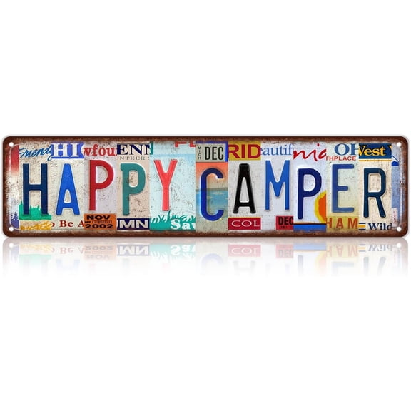 Vintage Happy Camper Metal Tin Signs Street Signs Camping Essentials Gear RV Accessories Outside Camper Decor Gifts for Men Travel Trailers 16 x 4 Inches