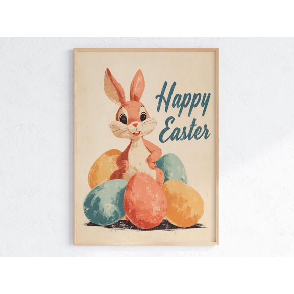 Vintage Happy Easter Bunny With Colorful Eggs Wall Art Poster 12x18 UNFRAMDE