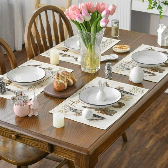 Vintage Happy Easter Placemats - 11.81x17.71 Inch Flax Dining Table Decorations with Bunny, Chick, and Flower Designs for Spring Holiday Kitchen Dining Decoration(A)