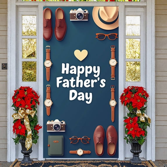 Vintage Happy Father's Day Banner Navy Blue Background Dad Honor Backdrop Brown Leather Texture Retro Sunglasses Design Father Appreciation Banner for Father's Day Party Family Gathering Dad