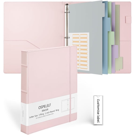 Vintage Hardcover 3 Ring 1 inch Leather Binder, Professional Binders Organizer Suitable for Letter Size Documents, Binder Dividers with Tabs, Faux Pink Leather