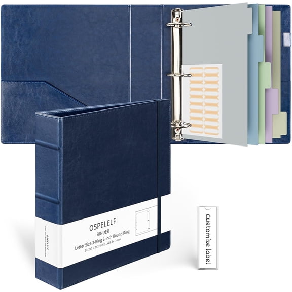 Vintage Hardcover 3 Ring 2 inch Leather Binder, Professional Binders Organizer Suitable for Letter Size Documents, Binder Dividers with Tabs, Dark Blue