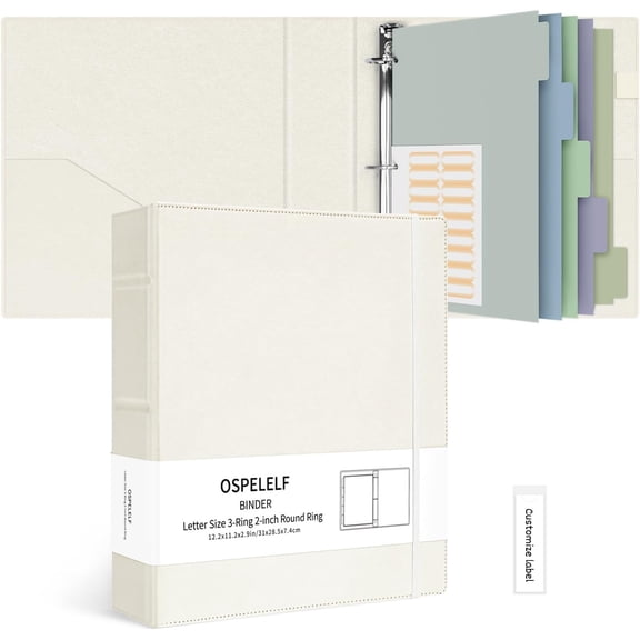 Vintage Hardcover 3 Ring 2 inch Leather Binder, Professional Binders Organizer Suitable for Letter Size Documents, Binder Dividers with Tabs, Beige