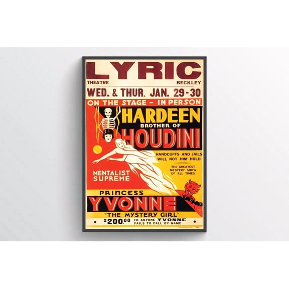 Vintage Hardeen Houdini Poster Image 6 Lyric Theatre Beckle Stage Performance Wall Art Print Home Decor Decor For Living Room Bedroom