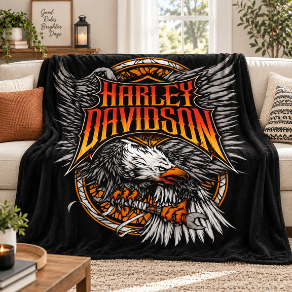 Vintage Harley Eagle Motorcycle Flannel Fleece Blanket Soft Throw Blanket Gift For Biker