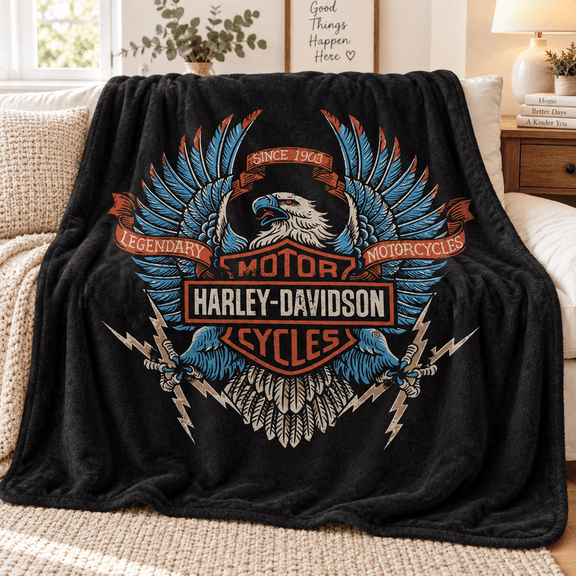 Vintage Harley Eagle Motorcycle Flannel Fleece Blanket Soft Throw Blanket