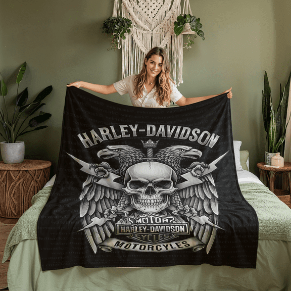 Vintage Harley Skull Eagle Blanket, Motorcycles Cozy Couch Sofa Travel Camping Throw Blanket, Birthday Christmas Gift For Biker