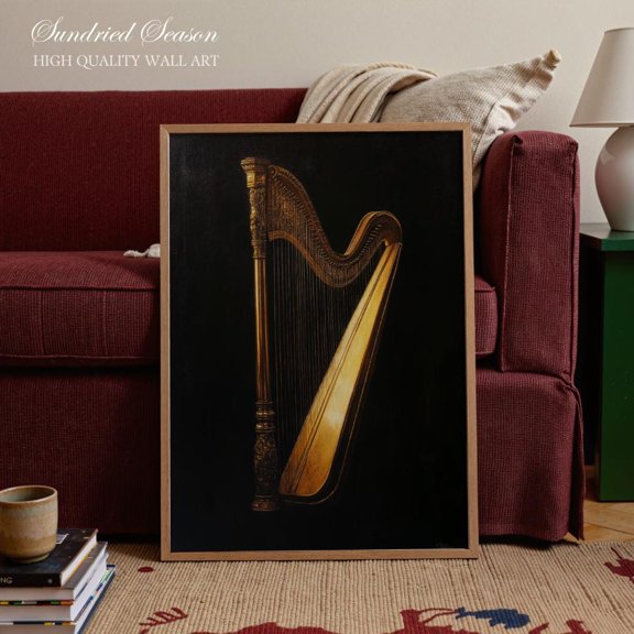 Vintage Harp Wall Art Musical Instrument Dark Academia Classical Irish