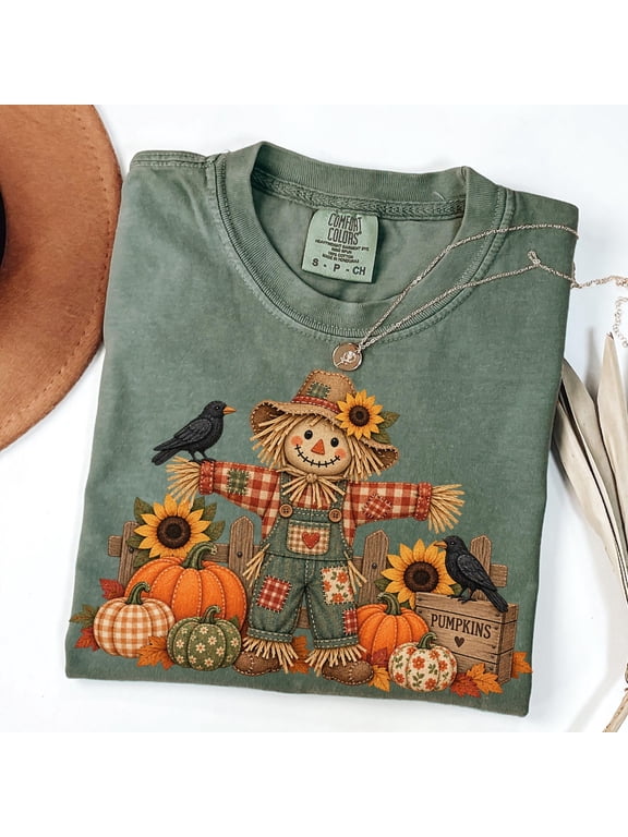 Vintage Harvest Pumpkin Patch T-shirt, Faux Patchwork Scarecrow Shirt, Fall Sunflower Crow, Women's Rustic Autumn Tee