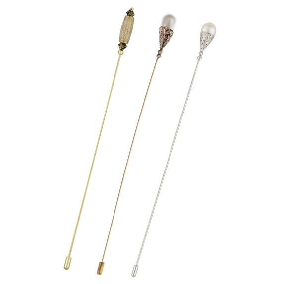 Vintage Hat Pin Classic Long Handle Geometric Hatpin And Hollow Out Pearl Stick Lapel Pins Pack of 3