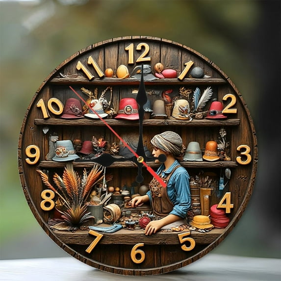 Vintage Hat Shop Resin Clock Wall Decor 10-Inch Silent Wooden Wall Clock, Battery Operated (AA Batteries Not Included), Artistic Home Decor