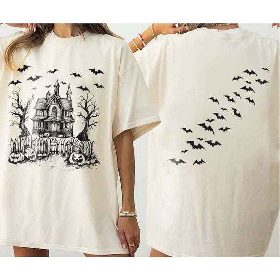 Vintage Haunted House Comfort Colors 2 Sided T-Shirt, Halloween, Summerween, Bats, Spooky Season Shirt,Ivory Color,Size 2XL