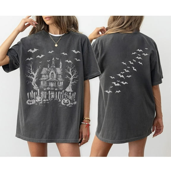 Vintage Haunted House Comfort Colors 2 Sided T-Shirt, Halloween, Summerween, Bats, Spooky Season Shirt,Pepper Color,Size XL