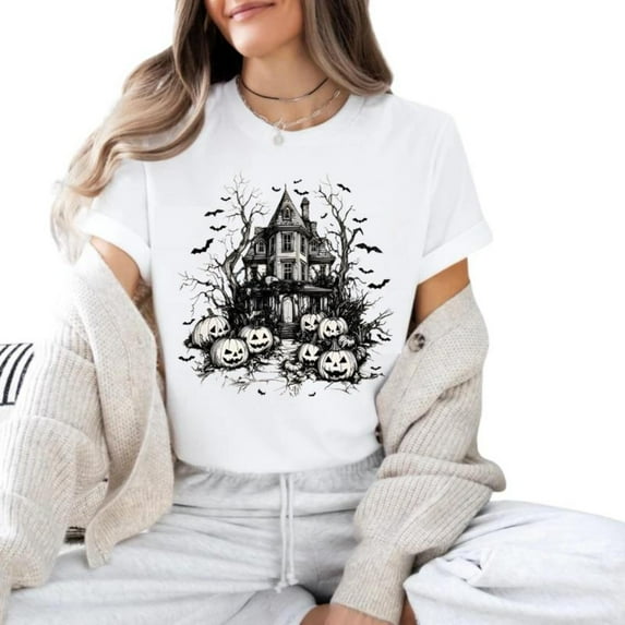 Vintage Haunted House T Shirt, Spooky Graphic Tees, Halloween Tops, Interesting design，Causal，cotton，white，S-5XL