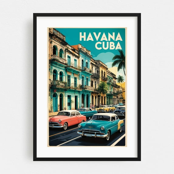 Vintage Havana Illustration | Retro Cuban Wall Art - Havana Cuba Illustration Vintage Poster Travel Poster City Architecture Car Art Deco Tropical Black Framed Wall Art Print 5 x 7 inches
