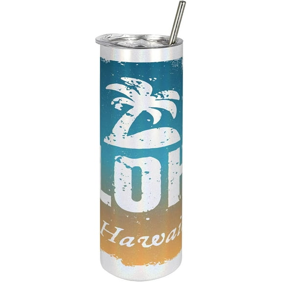 Vintage Hawaii 20 Oz Skinny Tumbler, Aloha Words Grunge Style Framework Sky Background Vintage Effect, Leak-Proof Straw Lid and Brush Vacuum Insulated for Outdoor Use, Blue Sand Brown White