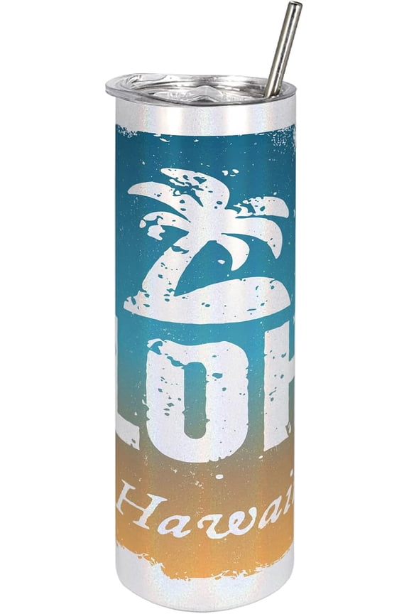Vintage Hawaii 20 Oz Skinny Tumbler, Aloha Words Grunge Style Framework Sky Background Vintage Effect, Leak-Proof Straw Lid and Brush Vacuum Insulated for Outdoor Use, Blue Sand Brown White