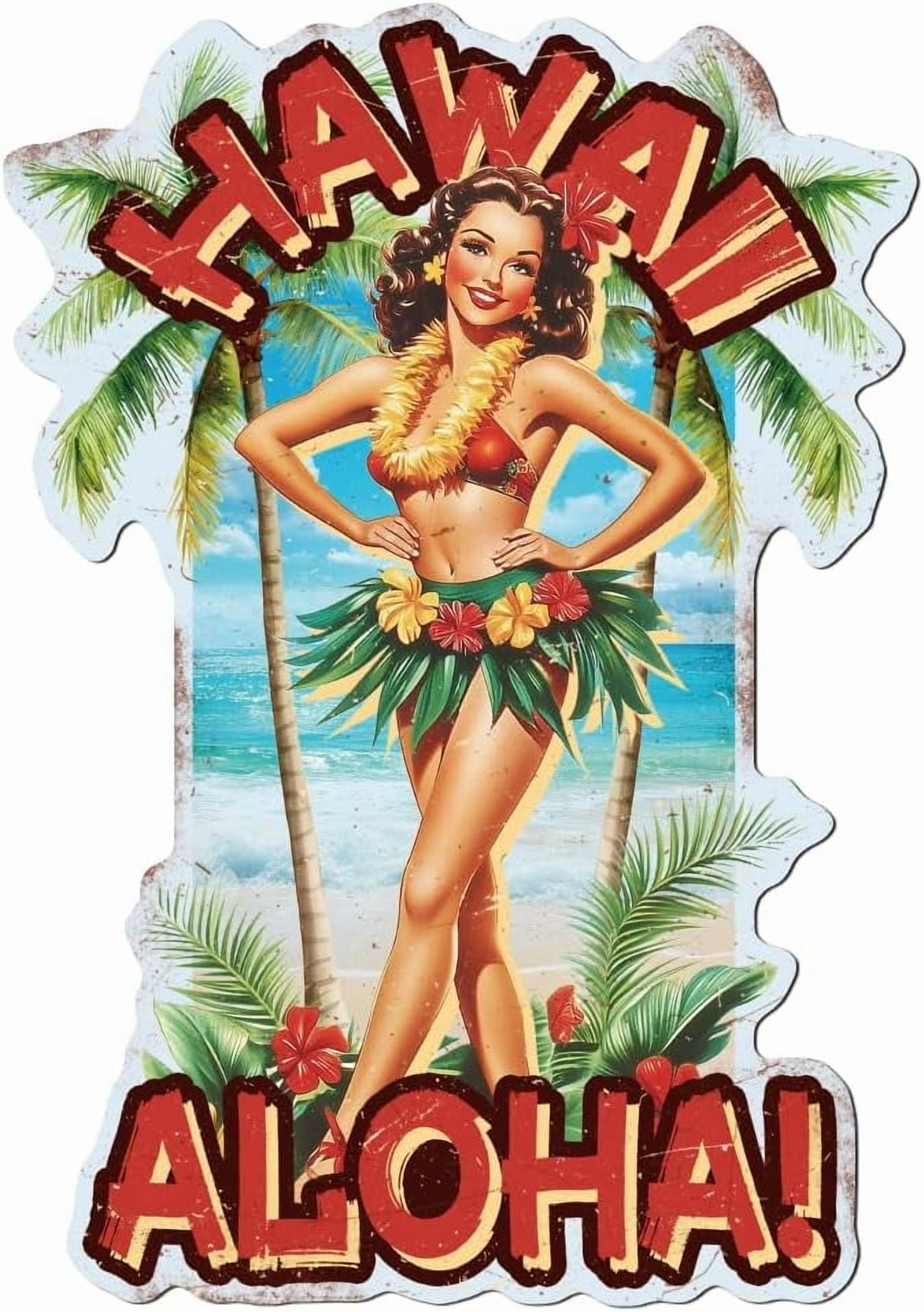 Vintage Hawaii Pin Up Lady Metal Tin Sign 15x10.6 Inch Funny Retro