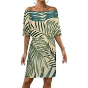 LINGTAIN Vintage Hawaiian Aloha Graphic Women's Off The Shoulder Ruffles Summer Wedding Guest Loose Casual Party Beach Dress